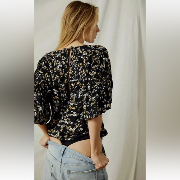 Free People Intimately Dessa Bodysuit Floral Printed Pintuck Black Top Size L - Picture 12 of 16